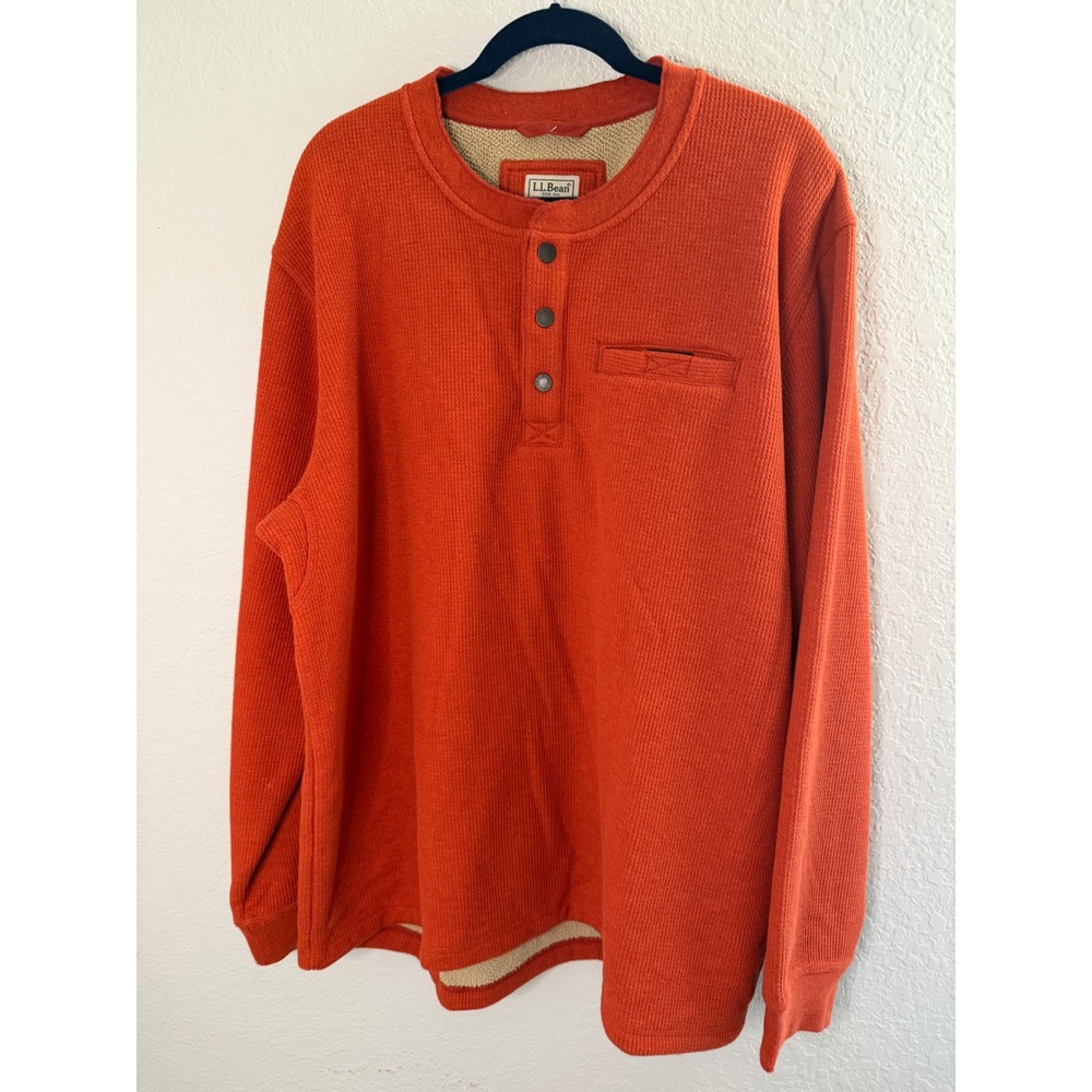 LL Bean Mens Sherpa Lined Waffle Knit Henley Shirt Orange XXL Fall Heavy Warm